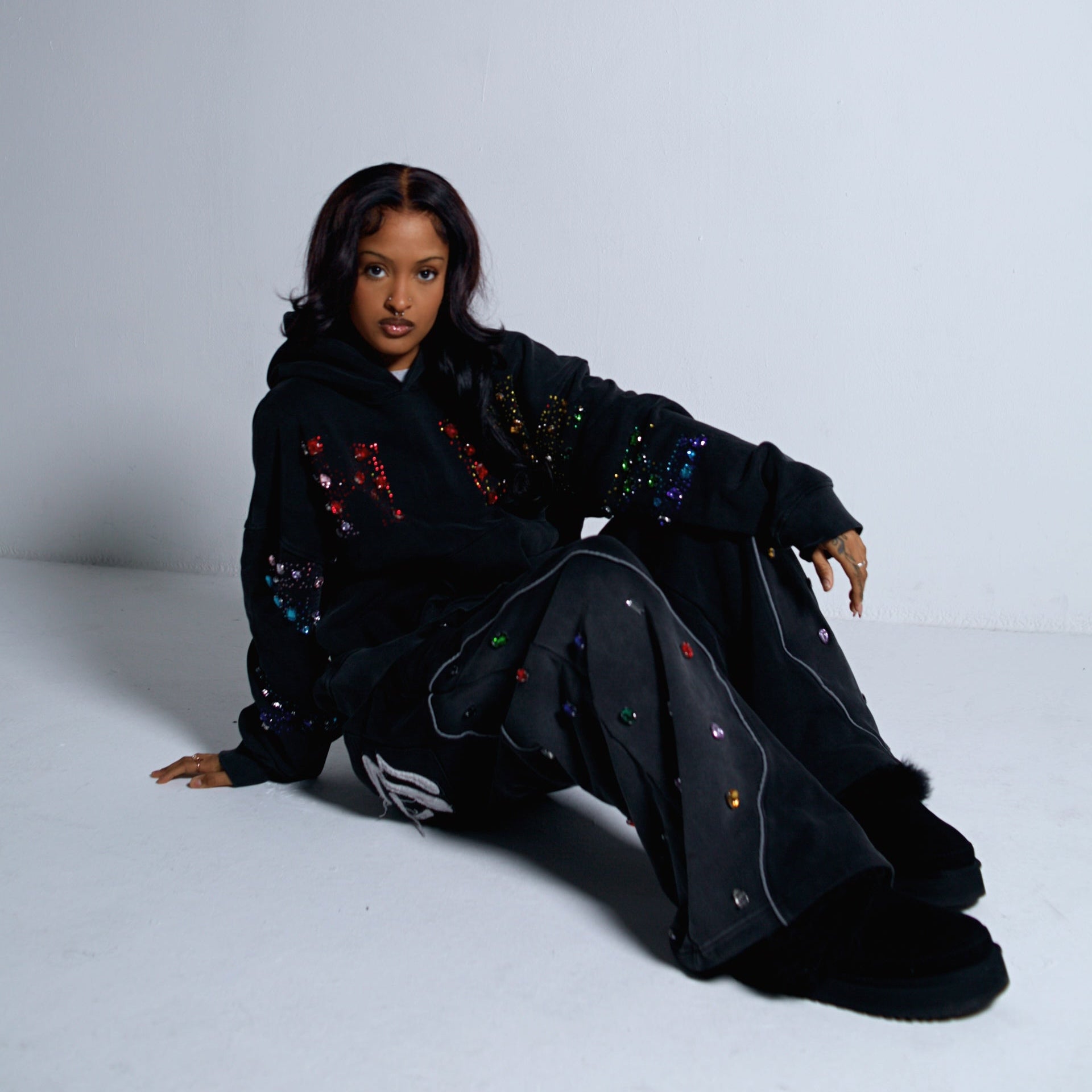 Multi-Colored Gemstone Pants in Stone Black